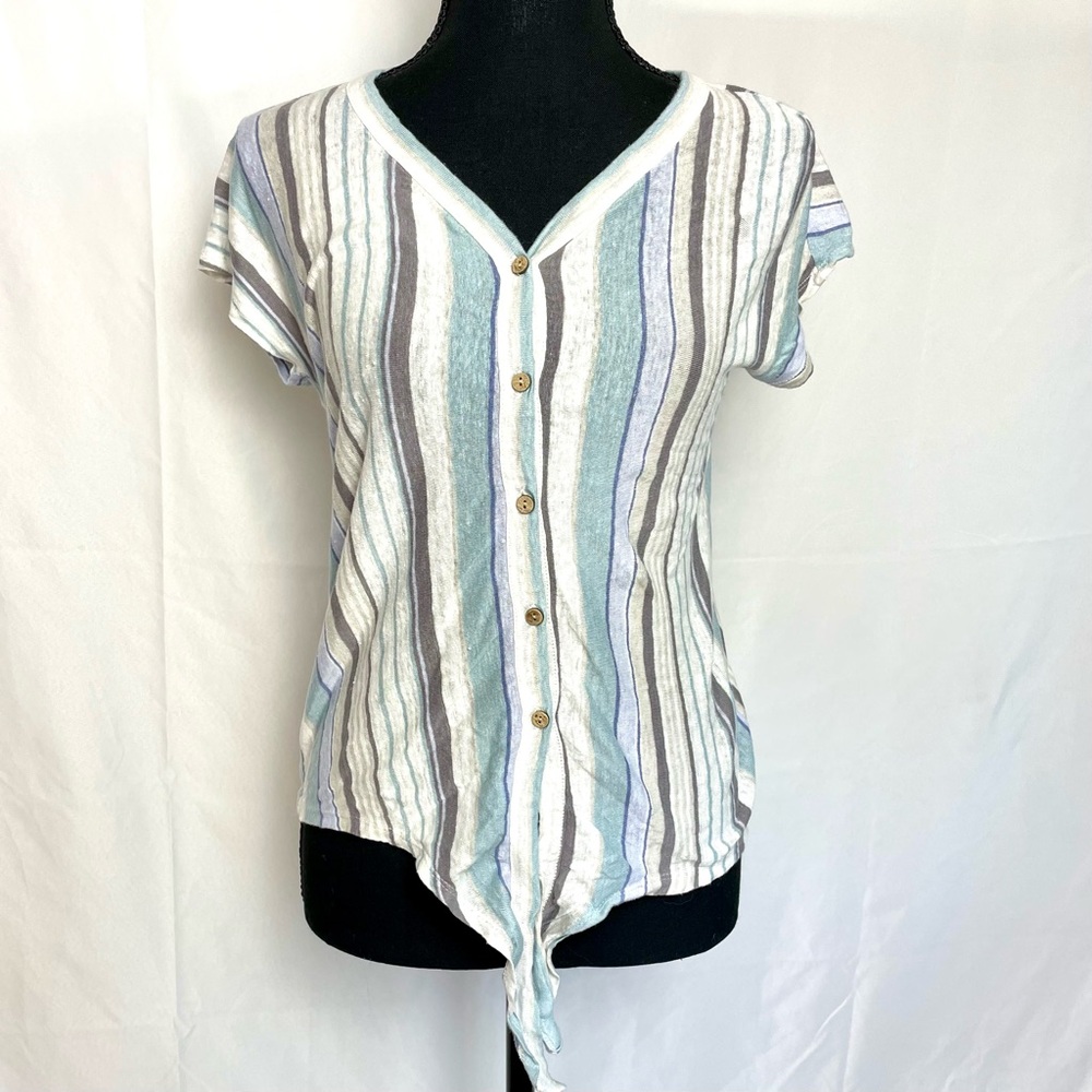 Rachel Zoe Linen Striped Button Front Tie Hem Top XS Short Sleeve